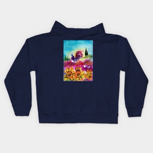 SUNFLOWERS, POPPIES AND BLACK ROOSTER IN BLUE SKY Kids Hoodie